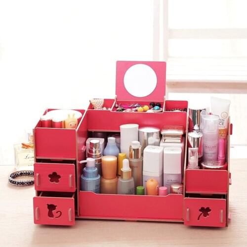 DIY Desktop Wood Storage Box DIY Cosmetics Organizer Case With Mirror office Makeup Organizer Drawers Casket For Decorations
