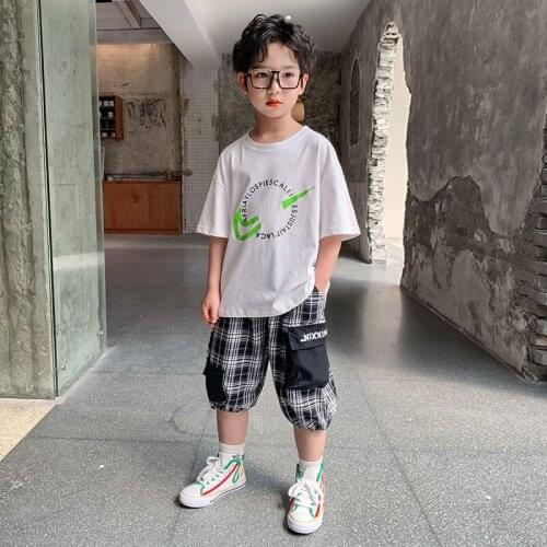 Kids 2pcs boys summer cotton suits new letters printed short-sleeved T-shirt plaid pant new Childrens clothes