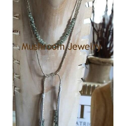 Long Silver Plated hematite Beads leather Lariat Necklace sesame Stone Necklace Women