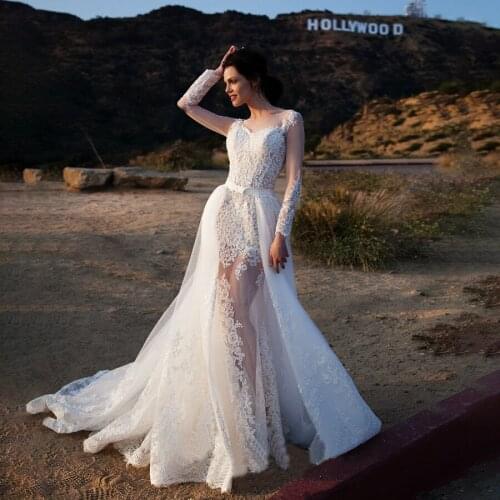 Scoop A-line Long Sleeves Wedding Dress with Detachable Skirt See Through Lace Applique Bridal Dress long dress elegant