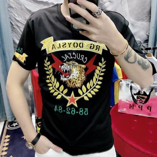 T-shirt Roupa Vintage Mens Embroidery Round Collar Base Shirt Simple Printing Harajuku Mens Short Sleeve Fashion Vetement Homme