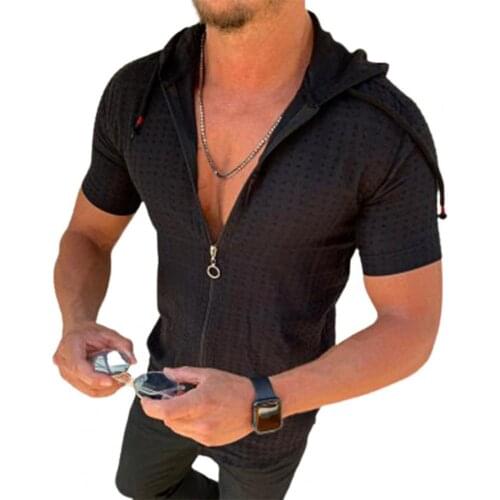 Men Short Sleeve T-shirt Hooded Zipper Plaid Print T-shirt 2021 New Summer Fashion Streetwear Clothes Handsome Loose Top Shirts