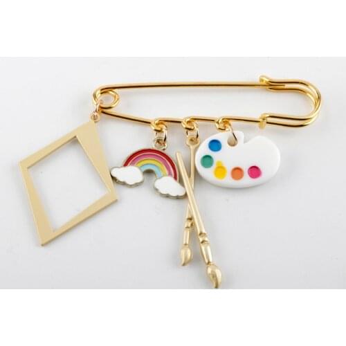 Art Palette Rainbow Cloud Brooch DIY Artist Brush Artist Palette Lapel Pins Painting Tool Swing Pin Clothes Brooch Pins Enamel P