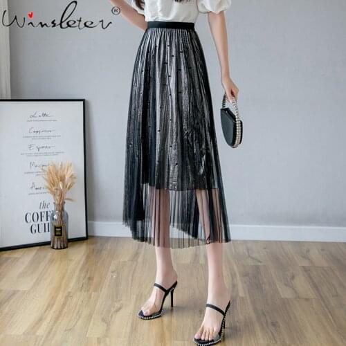 Summer 2021 Mesh Skirt Women Bottoms Pearl Beading Pleated Skirt For Girls Pink Black High Waist Midi Skirts B15418A