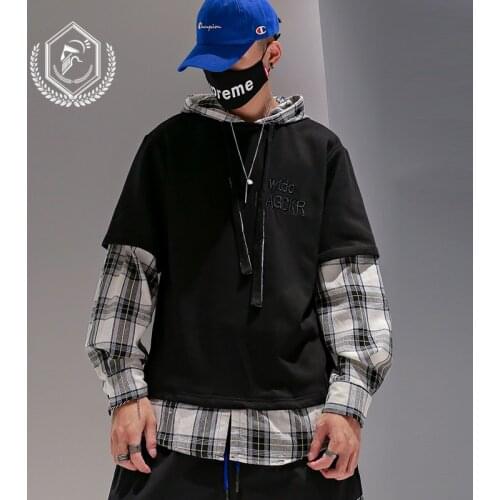 Men Fashion Loose Plaid Print Patchwork Casual Pullover Hip Hop Sweatshirts with Hooded