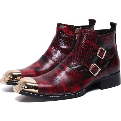 Bota masculina red buckle strap chelsea ankle boots men work shoes gold steel toe dress sapatos leather military shoes male