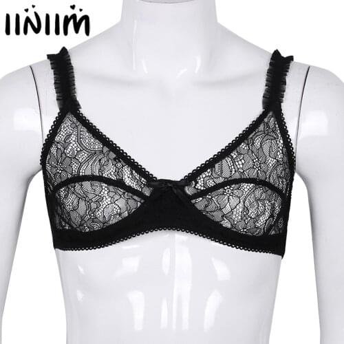 Mens Sissy Exotic Tanks See Through Sheer Floral Lace Lingerie Adjustable Spaghetti Straps Wire-free No Padded Bralette Bra Tops