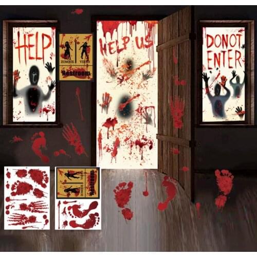 Halloween Blood Fingerprint Window Sticker Terror Bat Self Adhesive PVC Horror Decorations Wall Stickers Home Decor Living Room