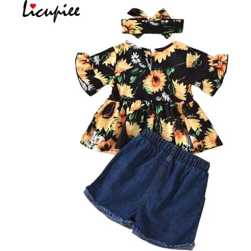 1-3 Years Three Piece Girls Clothes Fresh Sunflower Short Sleeve Tops and Ripped Denim Short Pants and Headband