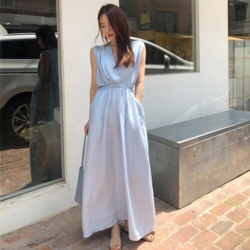 QOERLIN Vintage Bandage Women Long Shirt Dress Summer Chic Korean V Neck Sleeveless Tank Dresses Female Elegant Loose Vestidos