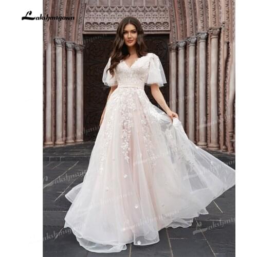 A-Line/Princess Tulle Wedding Dresses V-Neck 1/2 Sleeves Lace Appliques Ribbons Sashes Open Back-Zipper Court Train Bride Gowns
