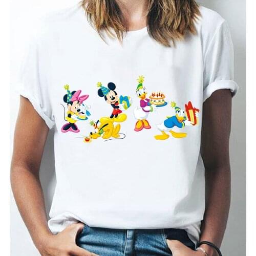 Disney Womens Clothing Mickey Minnie Donald Duck Goofy Couple T-shirt Funny Graphic Cartoon Tee Shirt Femme White Large Size