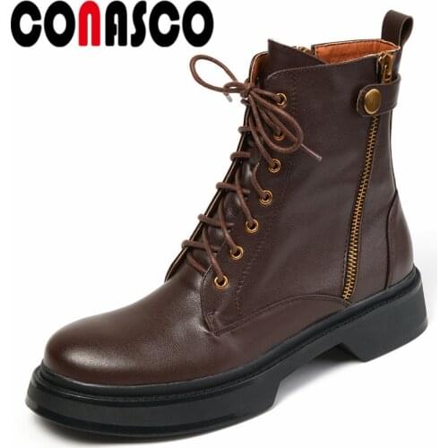 CONASCO Fashion Punk Women Ankle Boots Autumn Winter Warm Cow Leather Causal Basic Prom Office Lady Boots Motorcycle Shoes Woman