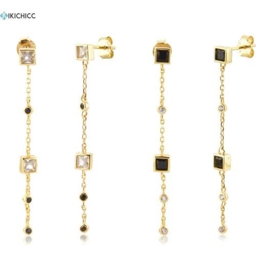 KIKICHICC 925 Sterling Silver Gold Long Chain Black Zircon CZ Clear Chain Drop Earring Women Wedding Jewelry Gift Pendientes