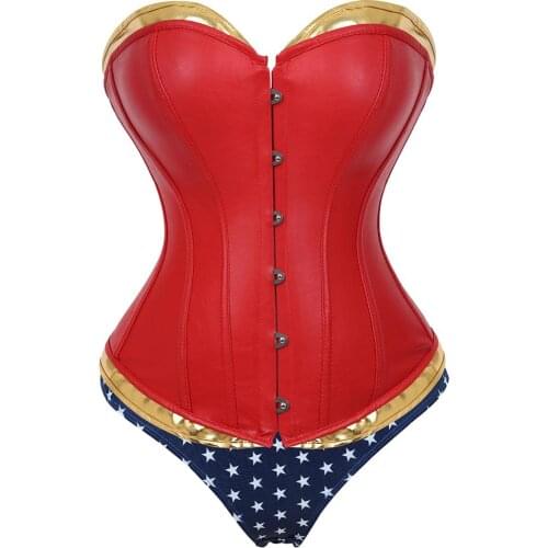Corsets and Bustiers Women Sexy Steampunk Faux Leather Lace up Overbust with Shorts Christmas Santa Claus Cosplay Corselete Sexy