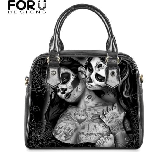 FORUDESIGNS Women Tote Bags Black Sugar Skull Girls Day Of The Dead Printing Ladies PU Leather Shoulder Sac Bolsa Femininas 2020