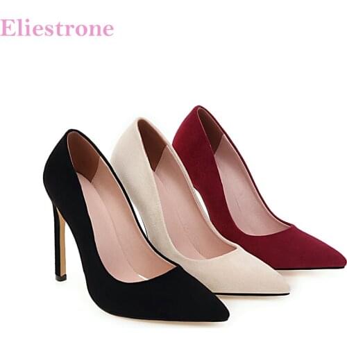 Hot Autumn Brand New Sexy Black Wine Red Women Pumps Flock High Stiletto Heels Lady Dress Shoes Plus Big Size 10 43 46 48