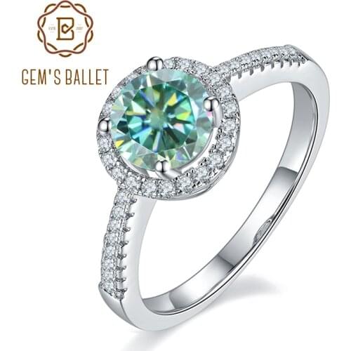 GEMS BALLET 925 Sterling Silver Green Moissanite Ring 1.0Ct 6.5mm Round Petite Halo Moissanite Engagement Ring For Women
