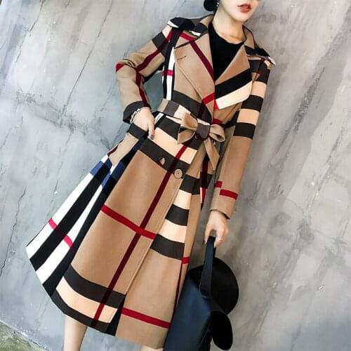 Wenfly Women Coat Korea Winter Vintage England Long Sleeve Double Breasted Sashes Plaid Warm Double Breasted Trench Outerwear