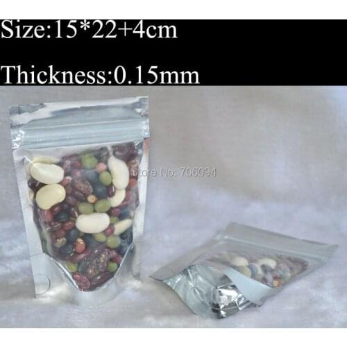 15*22+4cm,200pcs/lot, Clear+ Aluminum foil StandUp Zipper Plastic Bag ,Standup ziplock plastic bag FreeShipping