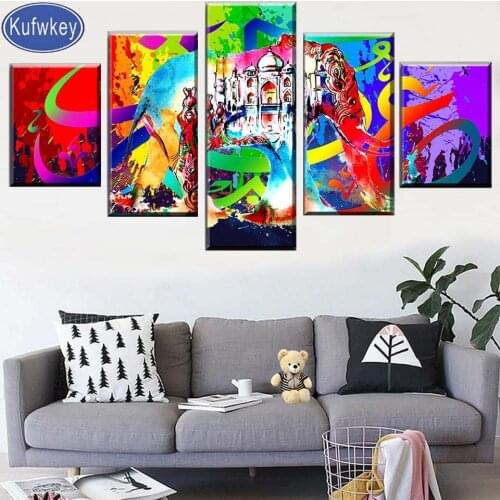5 Pieces diy 5d diamond painting Abstract Taj Mahal Indian Elephant animal diamond embroidery Multi Panel Pictures,home decor