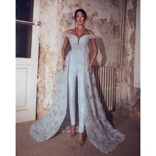 Designer Jumpsuits 2020 Prom Dresses Off The Shoulder Evening Gowns With Detachable Train Full Lace Beaded Party Dress Vestido