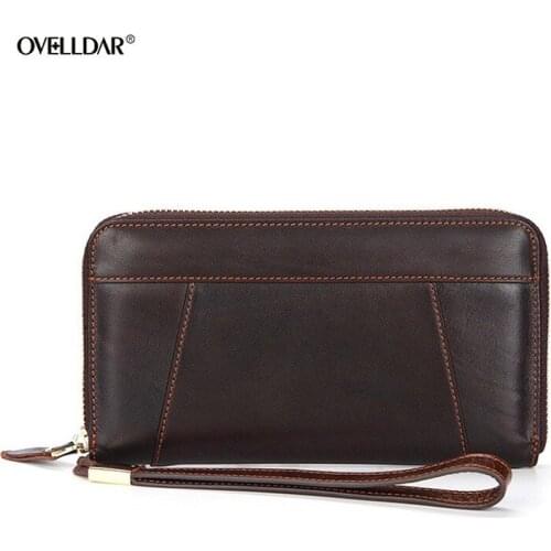 Mens Oil Wax Leather Wallet First Layer Leather Long Zipper Bag Retro Hot Sale Large Capacity Coin Bag Money Bag