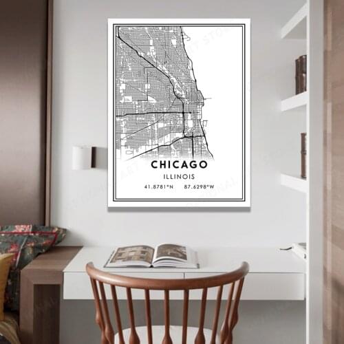 ILLINOIS Canvas Painting Posters Map Of Famous World Cities Wall Art Wall Art Picture Decorativos Home Decor