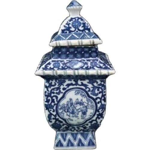 Jingdezhen ceramics blue and white figure pattern square tower shaped lid pot Collect ornaments
