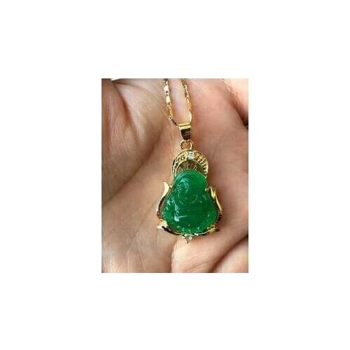 Chinese Green Jade Lucky Buddha pendant + free chain necklace