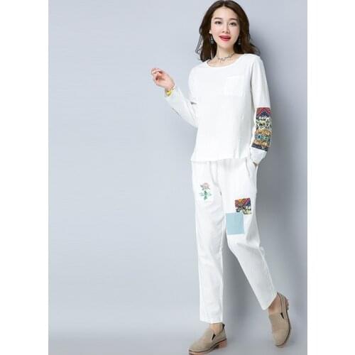 Womens Suit Spring Autumn New Round Neck Pullover Shirt Elastic Waist Casual Trousers Embroidery Fashion Set Female 2 Pieces