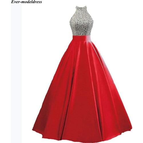 Red Satin Prom Dresses Long Beaded Sequins A-Line Floor Length Open Back 2020 Formal Party Evening Gowns Vestidos De Festa