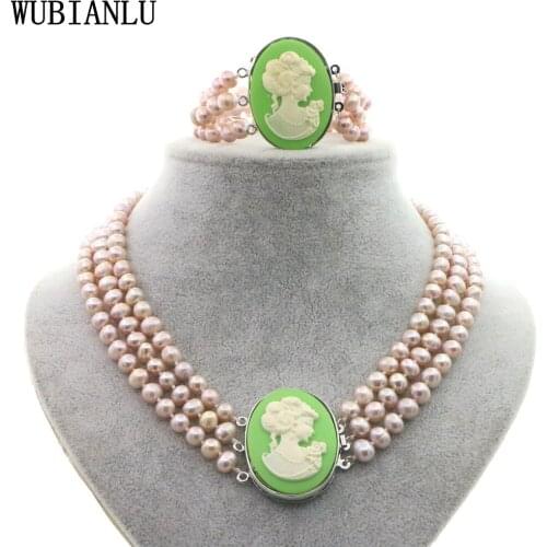 Charming 3 Rows 7-8mm Natural Pearl Wedding Jewelry Set Necklace Bracelet Fashion Womens Party Birthday Gift T253