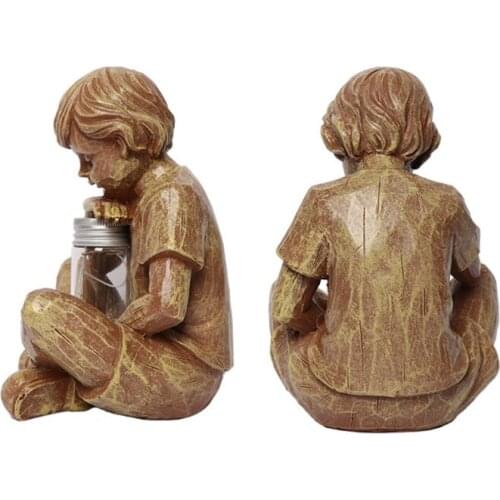 Carved Resin Statue with LED Light Glimpses of God Boy Fireflies in Jar Sculpture Outdoor Garden Figurine Deccoration