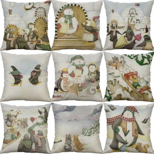 Christmas Decor Cotton 18" Print Home case Cover penguin Linen pillow Cushion