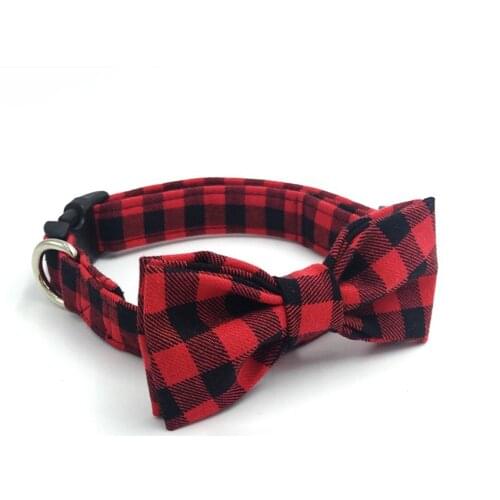 Christmas plaid print collar with leash set pure cotton handmade bowtie gift for pets