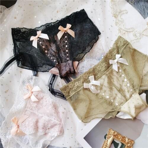 Cute Bow Coast Lace Panties For Girl Mesh Sexy Lingerie Low Waist Womens Underwear Seamless Transparent Hollow Out Breathable
