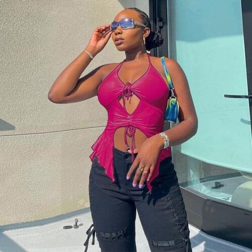 Sexy Ruffles Cut Out White Tank Tops Y2K Fashion Bandage Hollow Out Halter Tops Drawstring Clubwear Sleeveless Crop Top Female