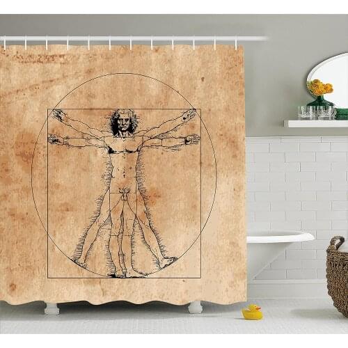 Human Anatomy Shower Curtain Medieval Vitruvian Man Crosshatching Famous Italian Painting Renaissance Body Art Bathroom Curtains