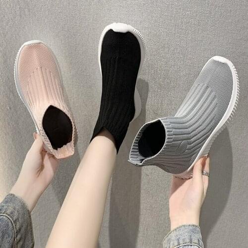 Sock Shoes Woman 2021 Autumn Platform Boots Womens Casual Sport Boot Elastic Weaven Booties Block Heel Female Footware BLACK
