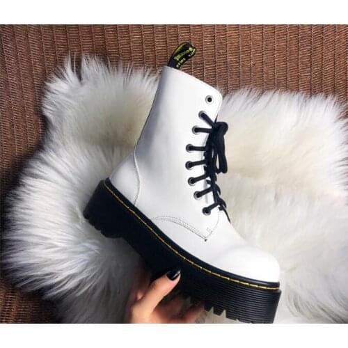 Rock Girls Black White Hot Round Toe Lace Up Front Thick Heel Platform Punk Motorcycle Short Martin Boots Leather Fur Boots