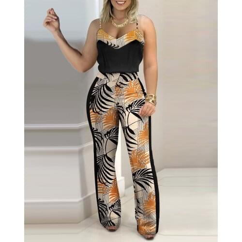 2PCS Summer Holiday Womens Clothes V Neck Sleeveless Tropical Print Colorblock Vest Top & Bodycon Long Pants Set Two Piece Suit