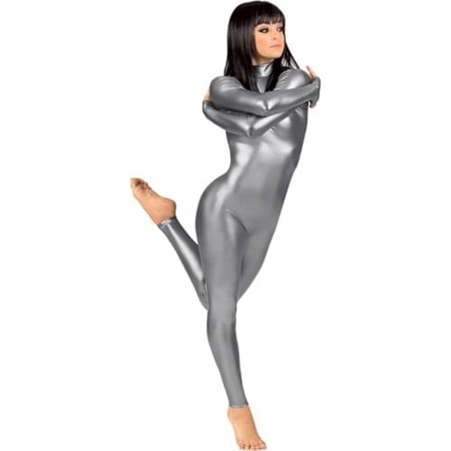 Women unitards metallic leotard high neck zipper back holographic zentai full body leotard rave clothing