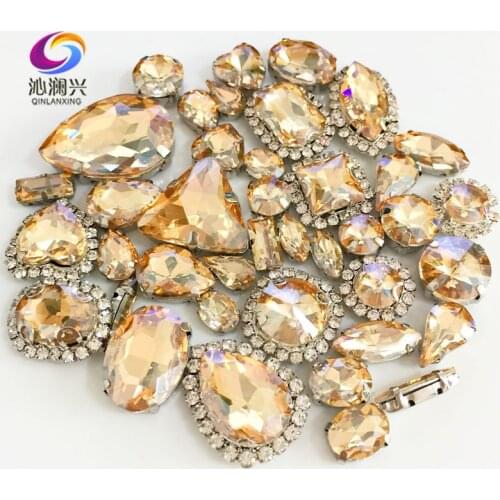 Golden champagne Mix size Crystal buckle+claw rhinestone,Silver base galss sew on stones diy/Clothing accessories 50pcs/pack
