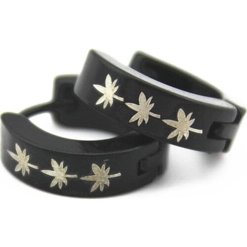 1 Pair Men Womens Lucky Leaf logo Black Stainless Steel Huigge Hoop Earrings Gift ME21