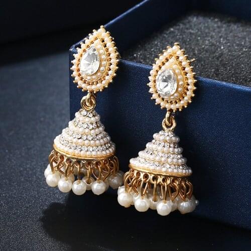 2021 Fashion Elegant Water Drop Bollywood Gold White Jewelry Vintage Indian Pearl Drop Earrings For Women Wedding Jewelry Gift