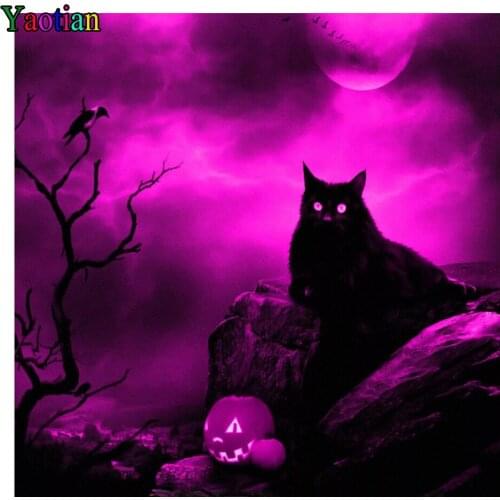 5D Diy Diamond Painting Full Square Black cat pumpkin purple background Cross Stitch Mosaic Diamond Embroidery Halloween Gifts
