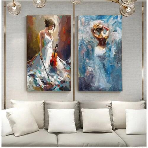 Abstract Wall Art Elegant Girl Play Violin and Dancing Canvas Poster Oil Painting Modern Livingroom Home Decor Figure Painting