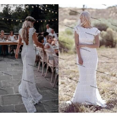 Backless Bohemain Mermaid Wedding Dresses Vintage Crochet Cotton Lace Abito da Sposa Beach Country Bridal Dress