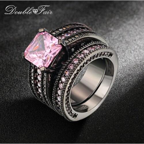Black Gold Color Pink Square Crystal Luxury Ring Set Fashion Cocktail Party Rings Cubic Zirconia Jewelry For Women DFR601